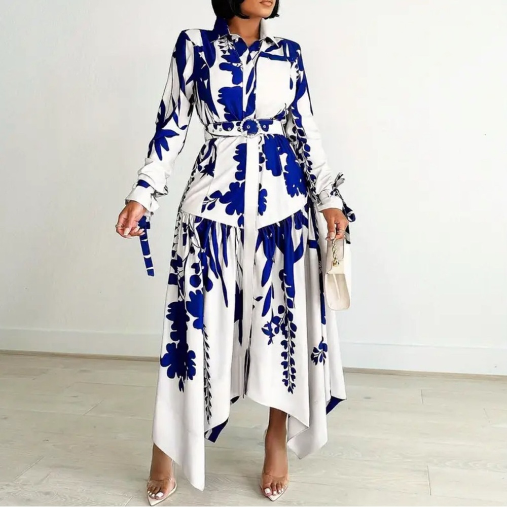 Elegant Blue & White Floral Midi Dress – Belted Button-Up, Long Sleeve,
